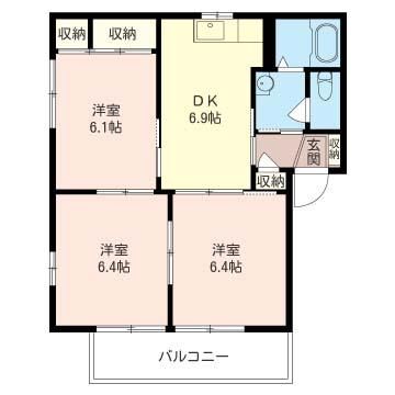 【間取】　2階角部屋　3DK　54.8�u