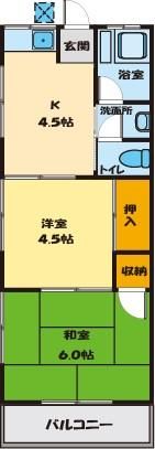 【間取】　2階角部屋　2K　33.12�u
