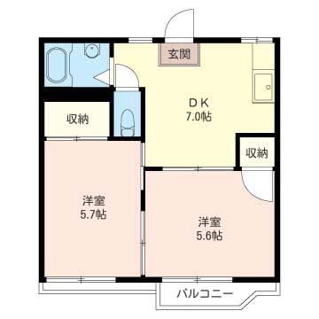 【間取】　2階角部屋2DK
