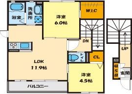【間取】　2階角部屋
2LDK　62.75�u